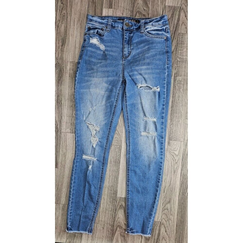 (3/$35) Tinseltown Size 7 Distressed Fringe Hem Whiskered Denim Blue Jeans